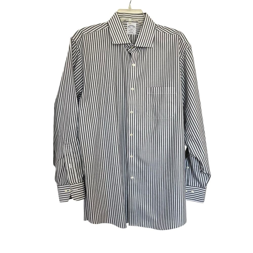 Brooks Brothers White Gray Striped Regent Fit Non-Iron Dress Cotton Shirt 16.5